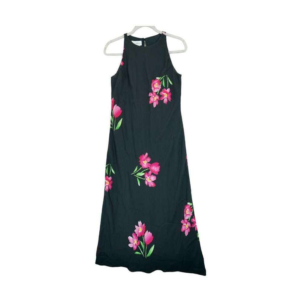 Vintage Maggy London Dress Womens 6 Black Floral Sleeveless Maxi RN 58142
